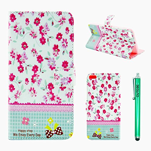 Cutebe Iphone 6 Case - Floral Flowers White and red Petal Pattern Flip Cover Leather Card Stand Wallet Case for iphone 6 4.7 Inch with Touch Stylus Pen