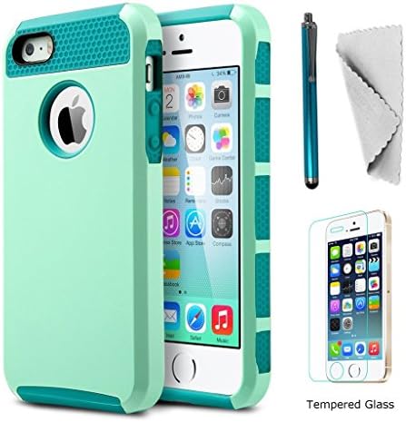 IPhone 5s Case 5g Se KXLY 2 in 1 Hybrid Heavy Duty Protective Cover Hard PC Rugged Soft TPU Dual Layer With Tempered Glass Screen Protector Stylus [reseda-Turquoise]