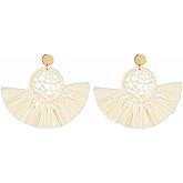Viva Joya Boho Raffia Summer Beach Earrings for Women, Large Statement Dangle Drop, Lightweight Handmade Woven Fan Tassel Jewelry