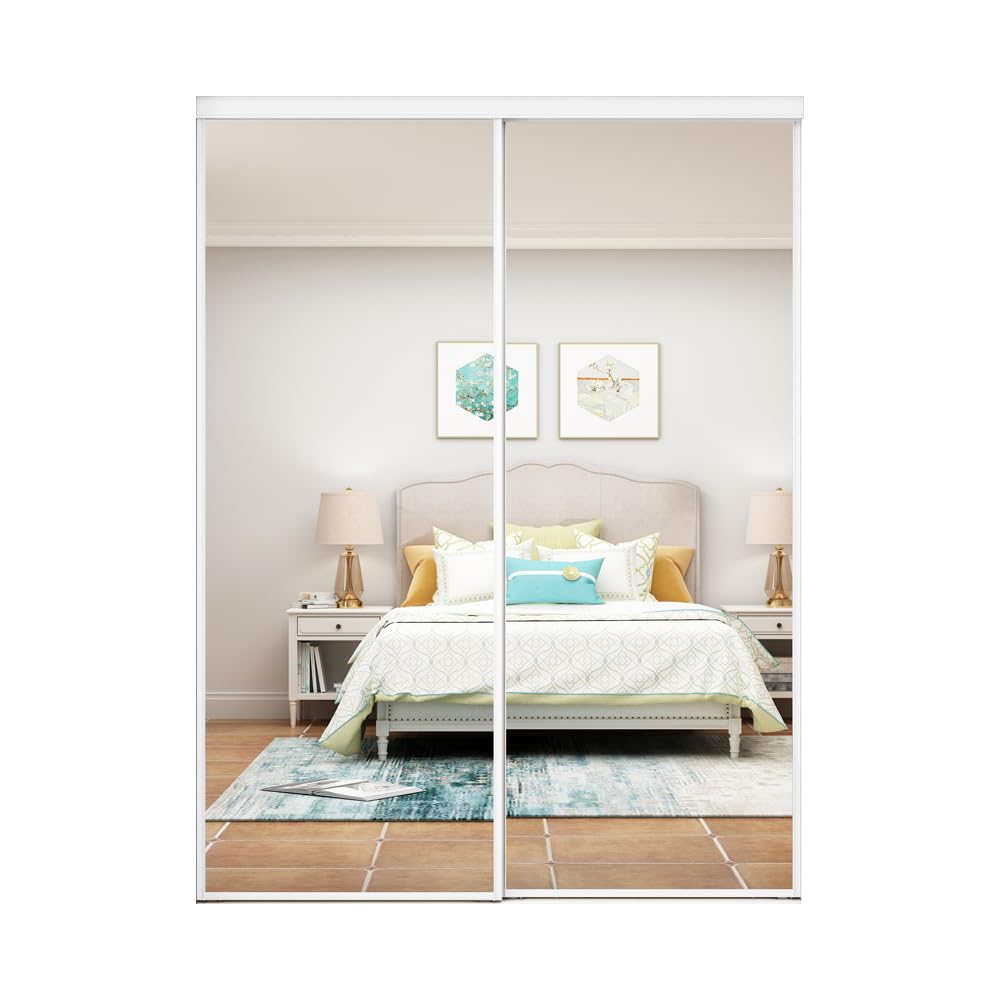 Photo 1 of *1 mirror shattered* 48 in. x 80 in. Mirror White Steel Frame Interior Closet Sliding Door with White Trim and Hardware Kit