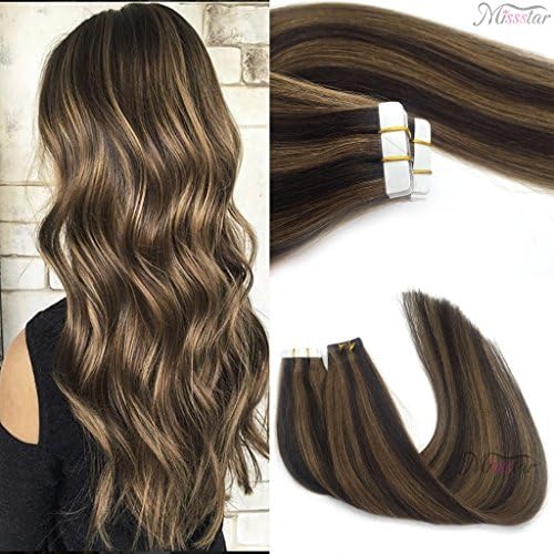 Misstar 16inch Remy Ombre Tape in Colored Human Hair Extensions Dark Brown Highlighted Chesnut Brown Adhesive Glue in Hair Exrensions 20pcs/50g