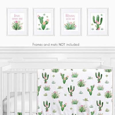 Sweet Jojo Designs Pink and Green Boho Wall Art Prints Room Decor for Baby, Nursery, and Kids for Watercolor Cactus Floral Collection - Set of 4 - Love Grows Here, Bloom Little One