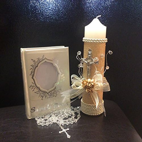 First Communion White Candle set with Gold Details and Silver Cross