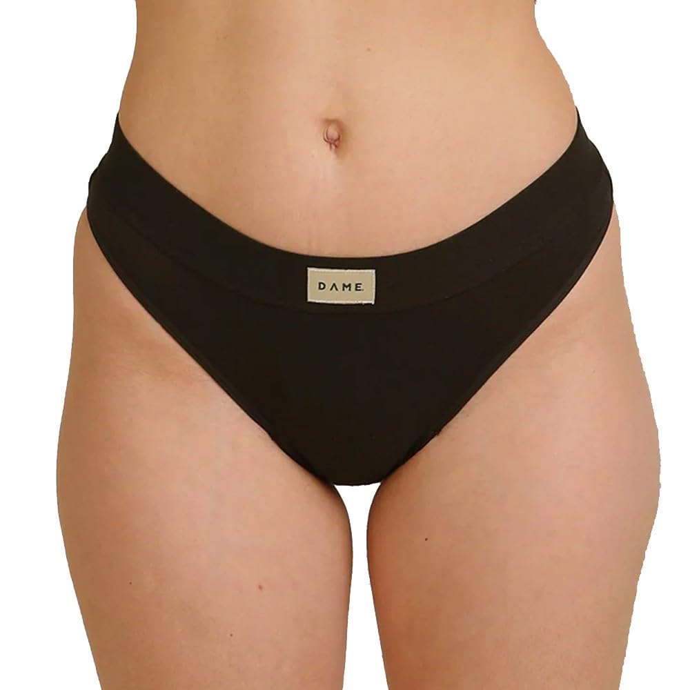 DAME Reusable Thong Period Pant Black Size 12 - Soft Organic Cotton Knickers for Women. Secure, Absorbent, Hypoallergenic Underwear.