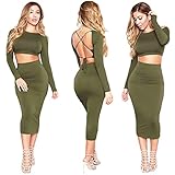 Wowowdress Womens Sexy Bandage Long Sleeve 2 Piece Backless Party Evening Dress(M)
