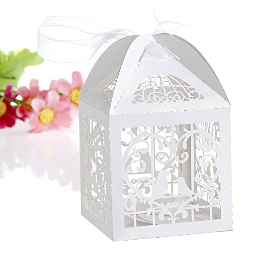 OHTOP 50 PCS Love Bird Cut Candy Gift Boxes With Ribbon Wedding Party Favor (White)