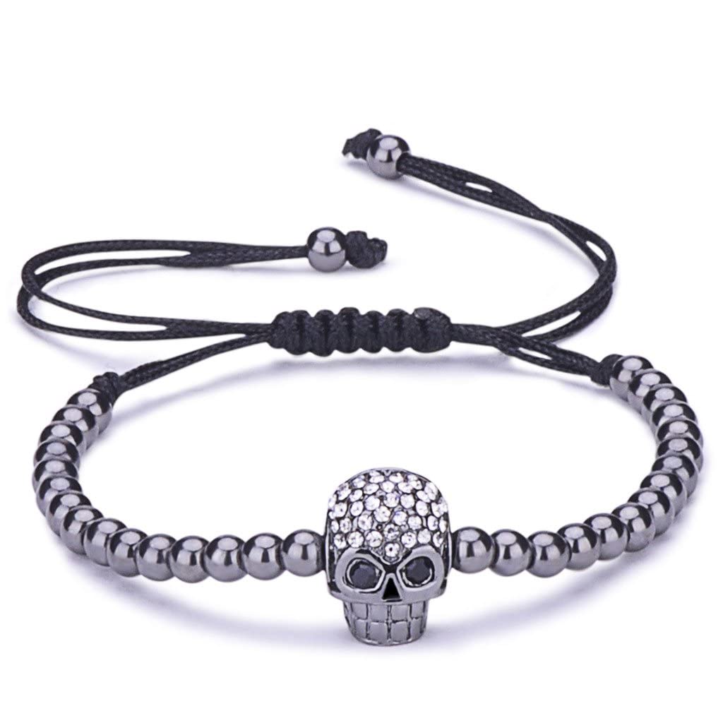 Infinite U Fashion Punk Skull Womens Charm Bracelet Beads Balls Braided Cotton Rope Alloy Cubic Zirconia Adjustable Wristband Bangle, Black