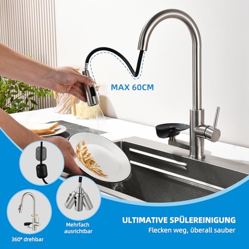 Mynaiad Kitchen Tap with Cup Washer, Pull Out Spray, Double Outlet, 360° Rotation, Kitchen Tap Tap Brushed 304 Stainless Steel