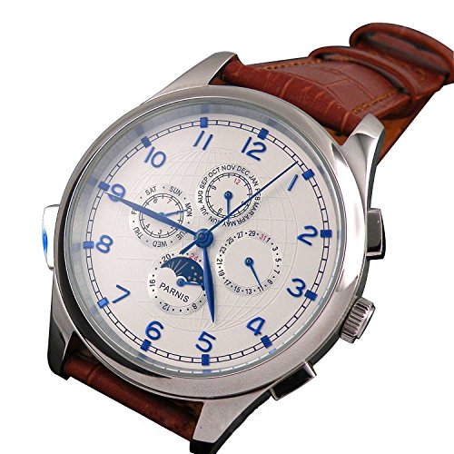 44mm Luxury Blue Number White Globe Dial Men's Women's Automatic Self Wind Wristwatch Brown Strap