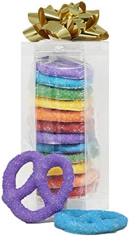 Rainbow Colored White Chocolate Covered Pretzel Twist Hexagon Clear box,13 count
