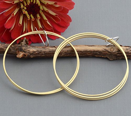 Large thin triple gold brass hoop dangle earrings lightweight 2 inch round hypoallergenic nickel free - Thumbnail 6