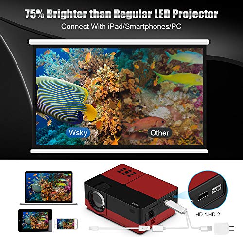 Wsky Portable Home Theater Video Projector - Newest 2019 3000Lux HD Video Projector - Support 1080P 1920x1080 Resolution - Perfect for Watching Movies Home Entertainment or Gift Giving (Red)