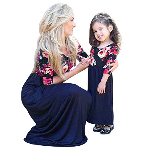 ZOMUSA Family Mother and Daughter Matching Clothes Floral Printed Half Sleeve Maxi Long Dress (2-3T, Girls_Blue)