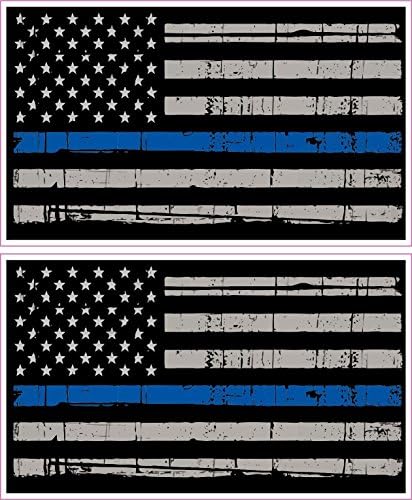 STICKER KING -Thin Blue Line American Flag Distressed Police Vinyl Sticker Decal - 2 pack - 4 x 2.5 Inch