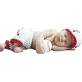 Pinbo Newborn Baby Boys Photography Prop Crochet Baseball Hat Shorts,White with red,One Size