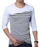 Men's Casual Slim Fit Contrast Block Stitching Striped Crew Neck Long Sleeve T shirt (L, white)
