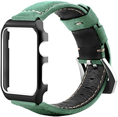 LOYUT Watch Band Leather Replacement Band with Metal Clasp＋Metal Watch Case Protective Cover for Apple Iwatch Series 1/2 (38Green-Black Frame)