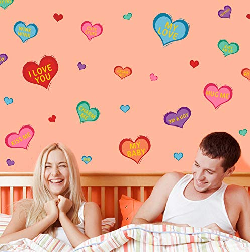 TOARTi Love Heart Quotes Wall Decals(42 Decals), I Love You Stickers, Colorful Hearts Wall Art Inspirational Saying Decals for Valentine's Day Party Supplies Window Door Couple Bedroom Decor