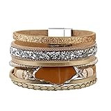 Beige Handmade Braided Bracelet – Leather Wrap Bracelet – Charm Cuff Bangle – Agate Stone – Crystal Rhinestone – Magnetic Buckle – Alloy Accessories for Women,Girl Gift By Jenia