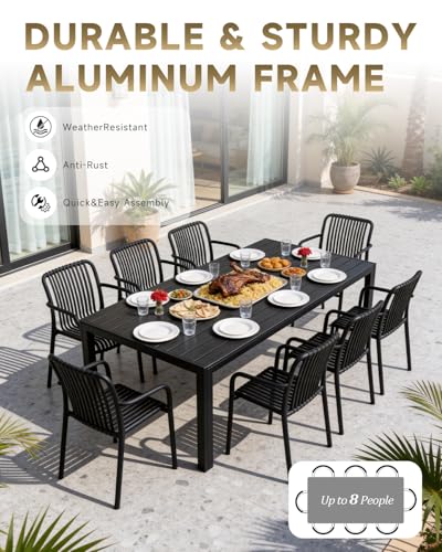 HariNorgen Outdoor Dining Table for 8 People, Aluminum Frame Garden Table with All-Weather Wood-Look Top for Garden,Lawn,Patio,205x90cm