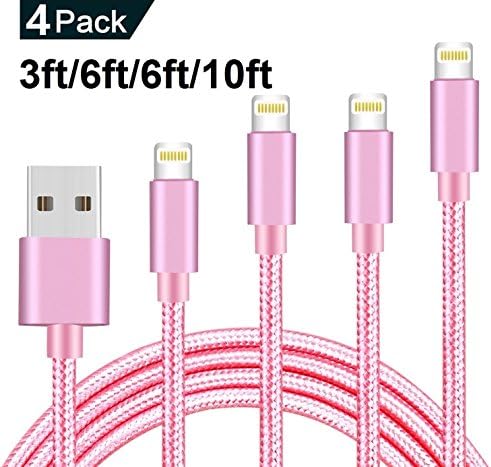 Lightning Cable, for iPhone Charge Cable 4 Pack 3FT 6FT 10FT Nylon Braided Fast Charging Cable Cord Connect to Charger For iPad / iPod / iPhone X / 8 / 8 Plus / 7 / 7 Plus / 6 / 6s Plus (Pink)