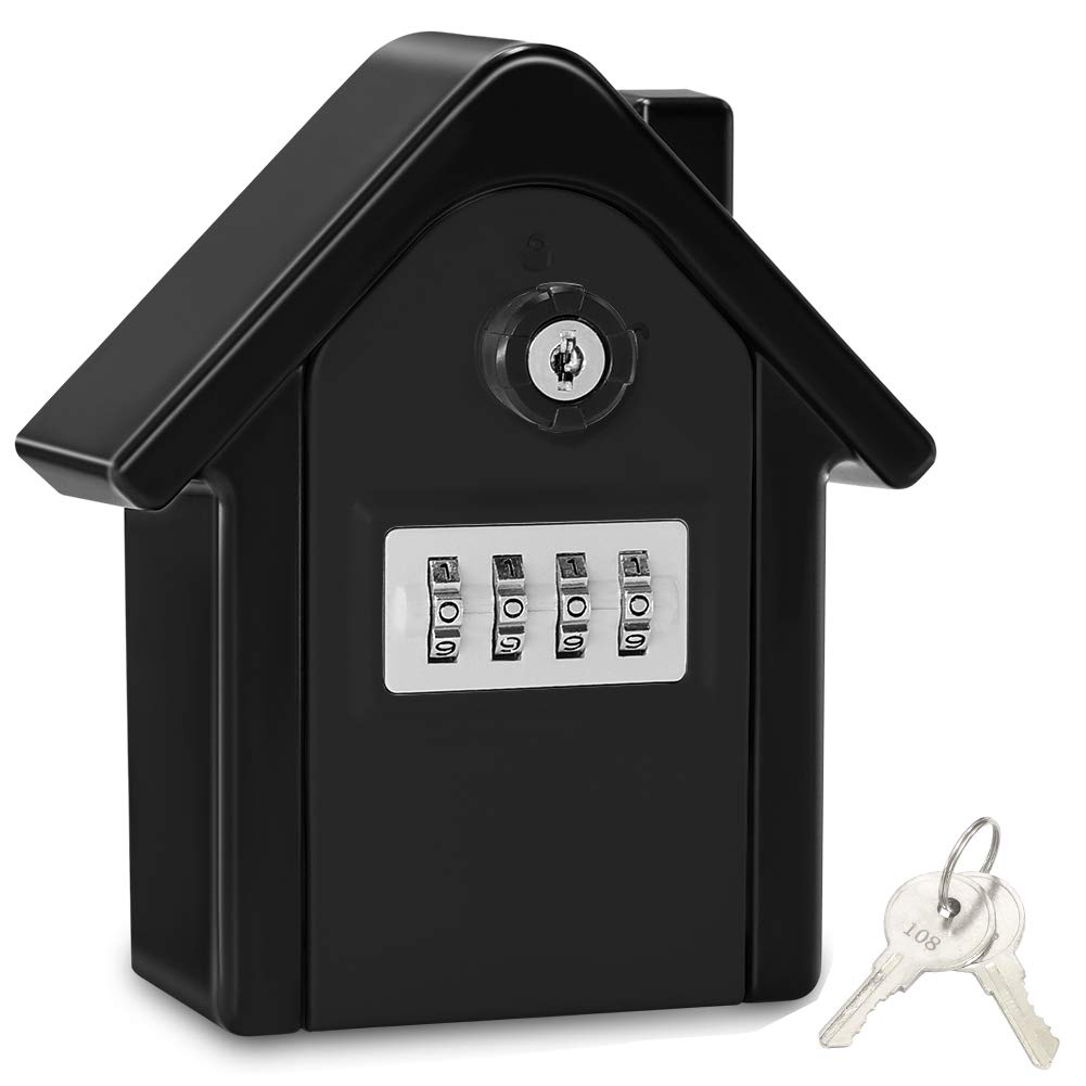 Key Lock Box, Extra Large Key Safe Outdoor Large Capacity Key Box Wall Mounted Key Safe Storage Box with 4 Digit Combination Lock & Emergency Key for Indoor Outdoor (Black)