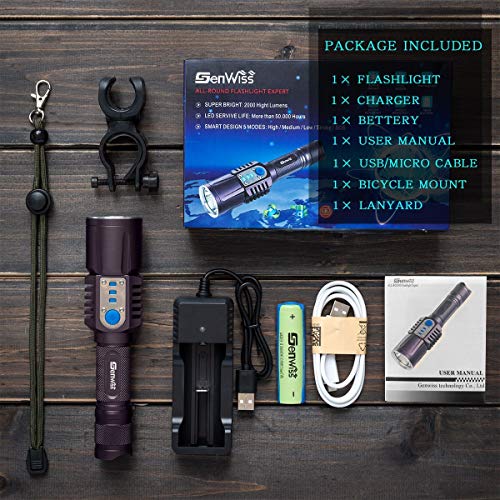 Genwiss USB Powerful Rechargeable Flashlight Ultra Bright Led High 2000 Lumen Torch Linterna with 18650 Battery Intelligent, External Battery Pack Power Mobile Bank for Smartphones, Tablets