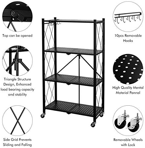 XCSOURCE 4-Tier Folding Storage Cabinets, Bookshelf, Shelving Items and Storage with Hooks and Caster Wheels for Storage Kitchen Dwelling Closet Workplace, No Assemble Wanted – Black
