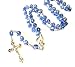 Silver Plated Necklace Rosary Crystal BLUE Glass Beads & Jesus Crucifix and Jerusalem Cross