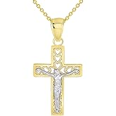 14k Yellow Gold Open Heart Christian Cross Two Tone Crucifix Pendant Necklace