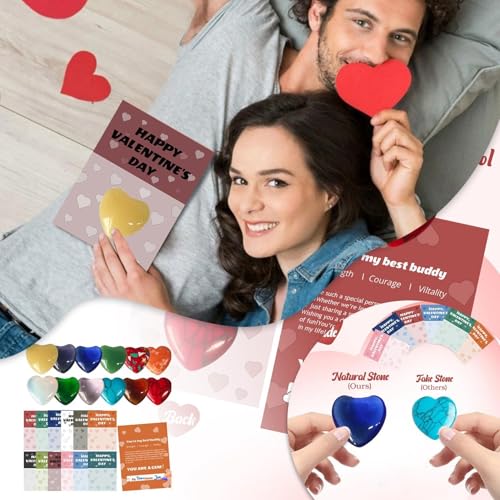 Valentines Cards With Heart, 24 Pieces Valentine'S Day Cards With Heart Shaped Crystals, Healing Crystals Heart Stones, Love Heart Gemstones For Lover, Valentine'S Day, Valentines Day Gift Ideas (A)