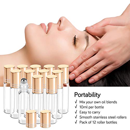 Essential Oil Roller Bottles 10ml (Clear Glass Bottle with Gold Cap, 12 Pack, 2 Extra Stainless Steel Balls, 24 Labels, Opener, Funnels by PrettyCare) Roller Balls for Oils, Roller on Bottles - Thumbnail 2