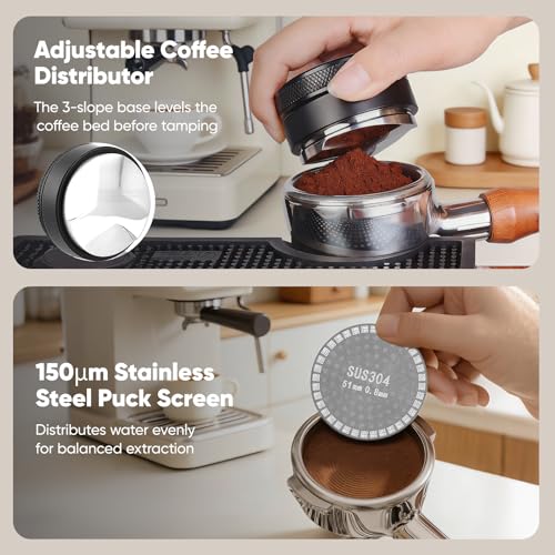 Espresso Accessories Set 54 mm, Wooden Tamper Station with Adjustable Height, Non-Slip Base and 3 Silicone Pads - Organizer for Portafilter, Distributor, Brush and Dispenser