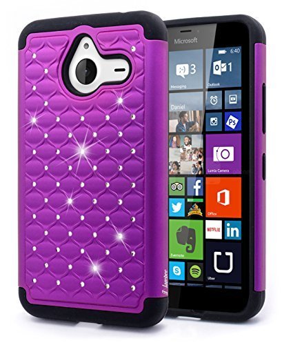 Lumia 640 XL Case, NageBee - Microsoft Lumia 640 XL Heavy Duty Hybrid Protective Armor Case Soft Silicone Cover with Studded Rhinestone Bling Design Hard Case for Lumia 640 XL (Diamond Purple)