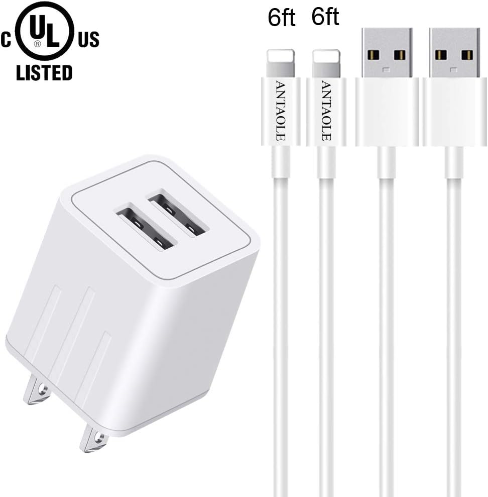 ANTAOLE Phone Charger Dual Port Wall Charger Travel Power Adapter(ETL Listed), 2-Pack 6feet USB Cable Data Sync Charging Cord Compatible with Phone XS MAX/XR/X/8/7/6S/6/Plus/5S/ES/5/5C