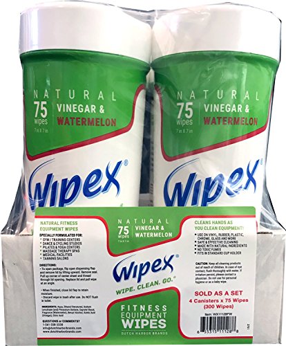 New Wipex Natural Fitness Equipment Wipes for Personal Use, Vinegar with Watermelon Scent - Great for Yoga, Pilates & Dance Studios, Home Gym, Peloton Bike Wipes, Spas & More (4 Canisters, 300 Wipes)