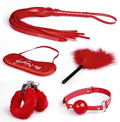 HAINAN NEW 5pc whip blindfold handcuff foot mouth sealing ball collar cotton rope wishagoodwish (Color Red)