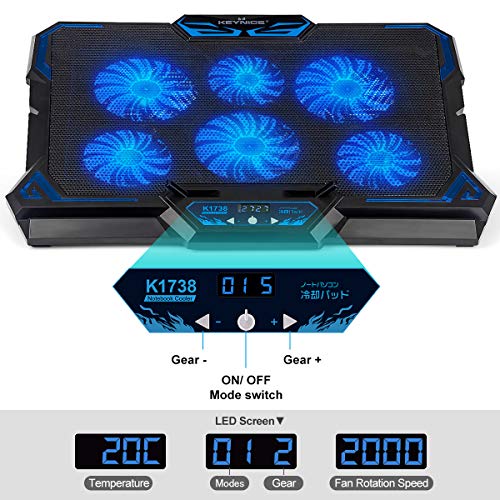 KEYNICE Laptop Cooling Pad, Notebook Cooler with 6 Quiet Fan, Dual USB Port, 5 Wind Speed Adjustable, Blue LED Light, Fit 12"-17" Computer, Portable Cooler Pad with LCD Screen, Gaming Laptop Cooler