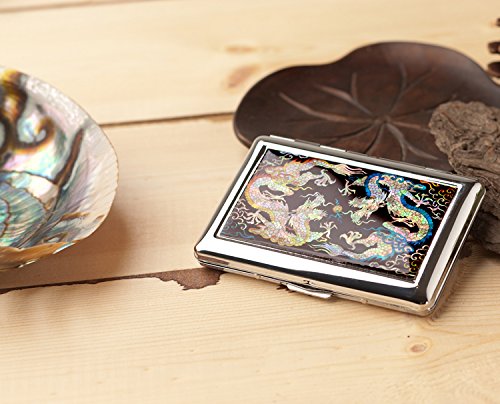 Antique Alive Mother of Pearl Yellow and Blue Dragon Design Engraved Metal Stainless Steel Cigarette Holder Case Storage Box (C102) - Thumbnail 4