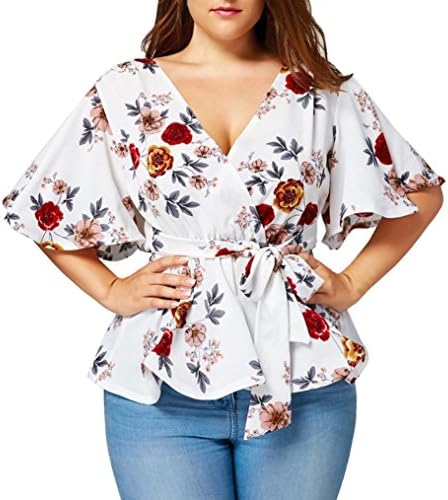 Iusun Womens Blouse Plus Size Floral Print Belted Surplice Peplum Tops V-Neck Tees Shirts (White, XL)