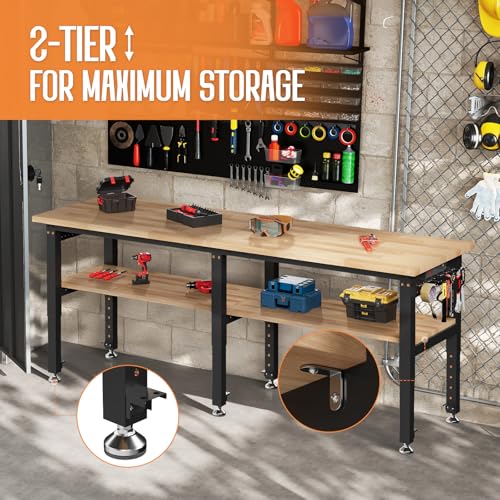 SPECRAFT Adjustable 2-Tier Workbench with 4 AC Outlet and 2 USB Ports Power Outlets, 2000 Lbs Capacity Heavy Duty Workbench, Rubber Wood Top for Garage, Workshop, Office（84x20in）