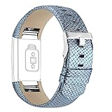 Vancle Fitbit Charge 2 Band,Luxury Genuine Leather Replacement Strap for Fit bit Charge 2(No Tracker) (grid blue)
