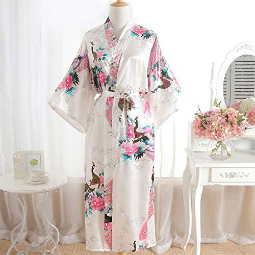 CofeeMO Kimono Satin Floral Print Wrap Pajamas for Women,Soft Flare Sleeve Bathrobe Nightdress(White,Free Size)
