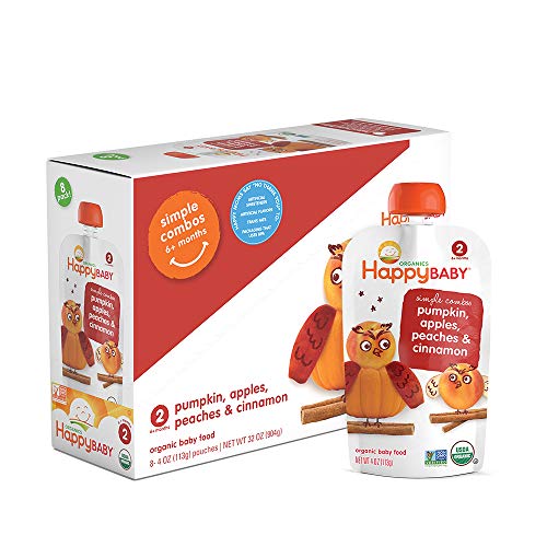 Happy Baby Organic Stage 2 Baby Food Simple Combos Pumpkin Apples Peaches & Cinnamon, 4 Ounce Pouch (Pack of 16) Resealable Baby Food Pouches, Fruit & Veggie Puree, Organic Non-GMO Gluten Free Kosher