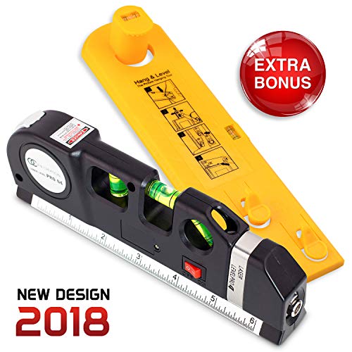 Ofircreation 3-in-1 Laser Level 3.5mV w/Built-In Measuring Tape | Multipurpose Woodworking, Contractor Tool | Imperial & Metric Measurements | Vertical & Horizontal Use | Picture Hanger Tool