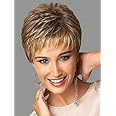 SEVENCOLORS Short Dark Brown Mixed Blonde Pixie Cut Wigs for Women Synthetic Layered Highlight Wigs with Bangs Natural Hair Replacement Wigs