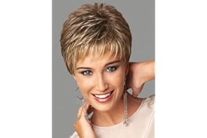 SEVENCOLORS Short Dark Brown Mixed Blonde Pixie Cut Wigs for Women Synthetic Layered Highlight Wigs with Bangs Natural Hair Replacement Wig