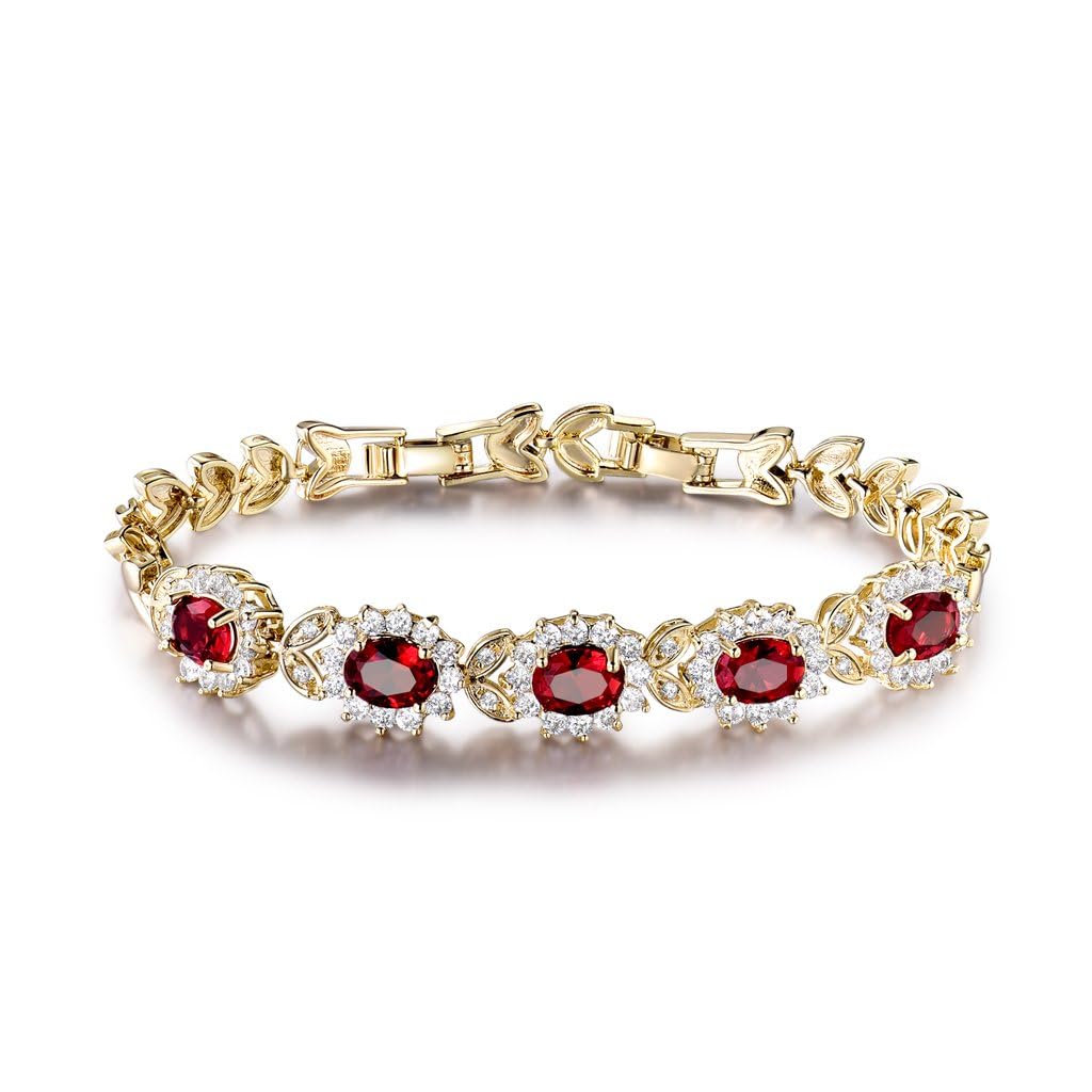 GULICX Red Cubic Zirconia Crystal Gold Electroplated Red Bridal Link Statement Bracelet for Women