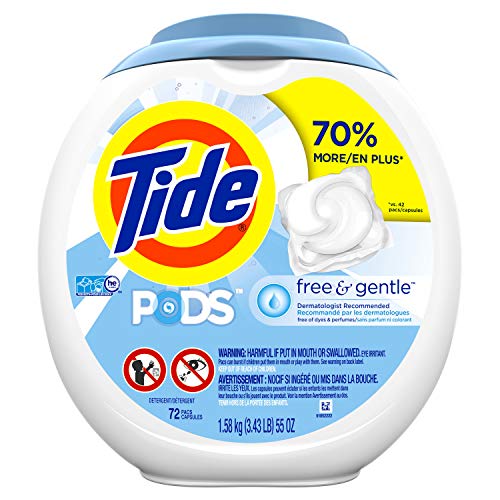 Tide PODS Free & Gentle HE Turbo Laundry Detergent Pacs, Unscented, 72 Count Tub