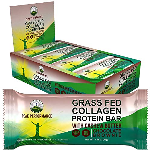 Grass Fed Collagen Protein Bar by Peak Performance. Delicious Paleo and Keto Friendly Snack with Organic Cashew Butter. Clean, Non GMO, Gluten Free Chocolate Bars. A Perfect Primal Treat! 12 Pack